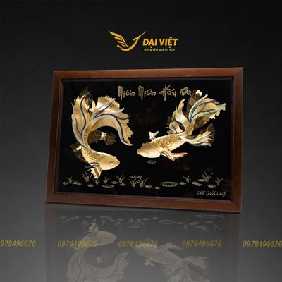 Tranh cá niên niên hữu dư, tranh dát vàng 24k, quà tặng tân gia